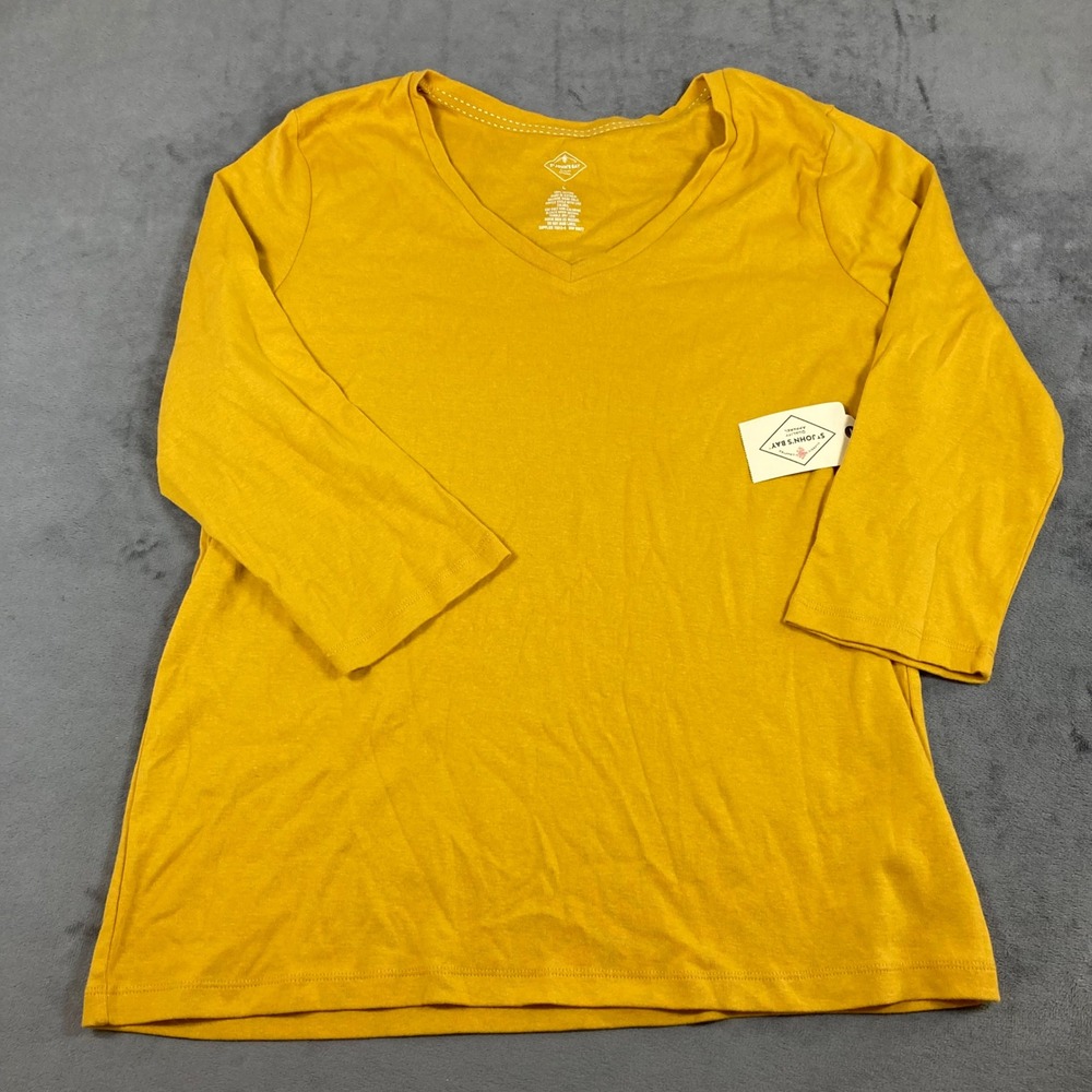 St Johns Bay Womens Mustard Yellow V-Neck 3/4 Sleeve Cotton T-Shirt Size L NWT